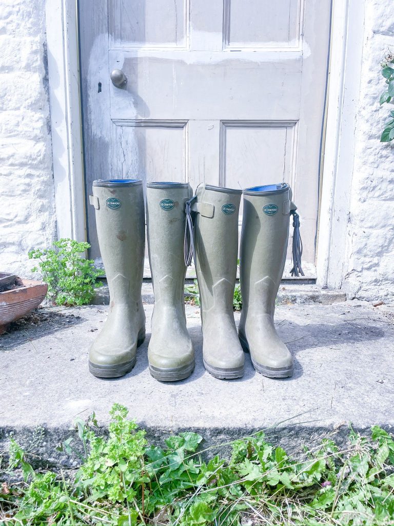 Two pairs of Green Wellie boots are stood upright infront of a front door that requires some work - How Felicity Finds